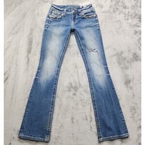 Miss Me Jeans Womens 26 Blue Mid Rise Fleur de Lis Pocket Bootcut Stretch Denim